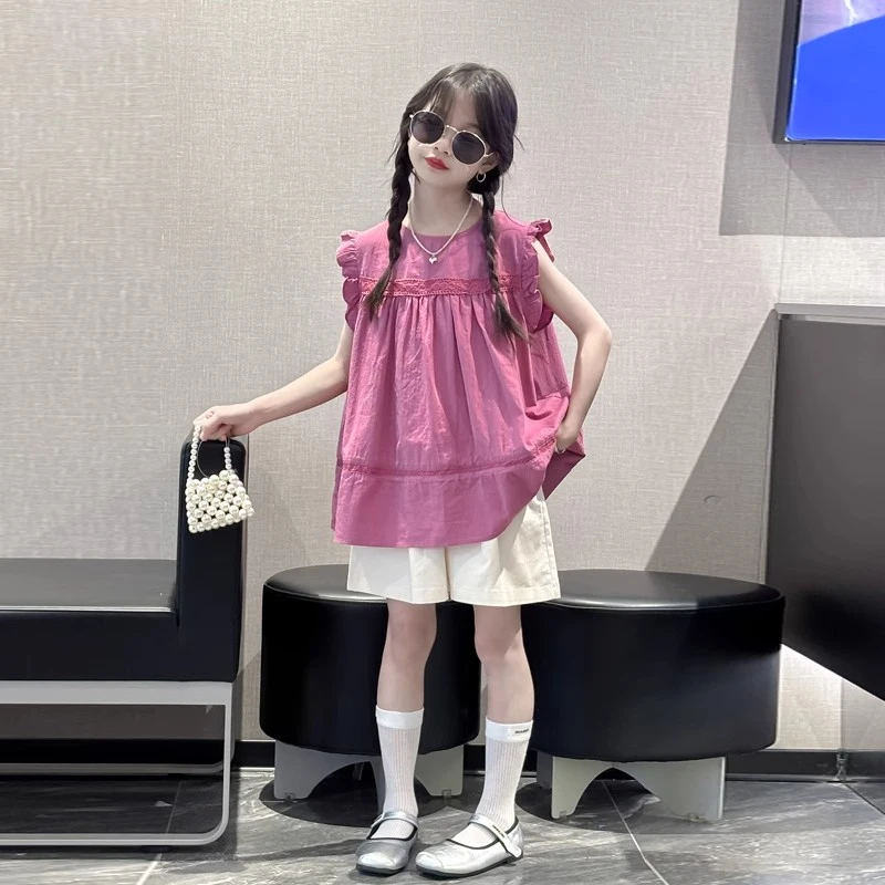 女童衬衫2025新款夏装儿童飞袖上衣洋气女大童娃娃衫夏季无袖童装
