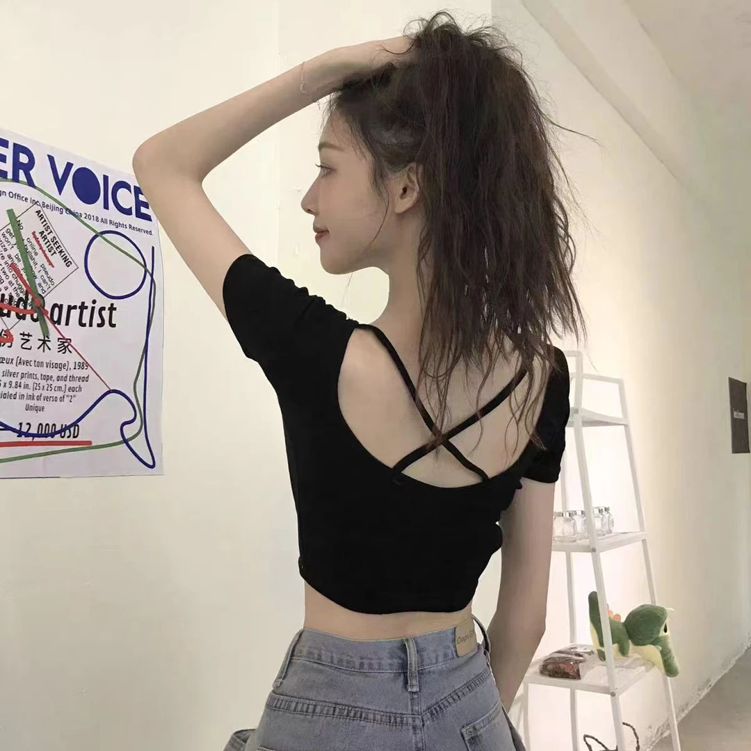 时尚风彩~性感露背短袖t恤显瘦百搭夏季款高腰修身露脐短款上衣