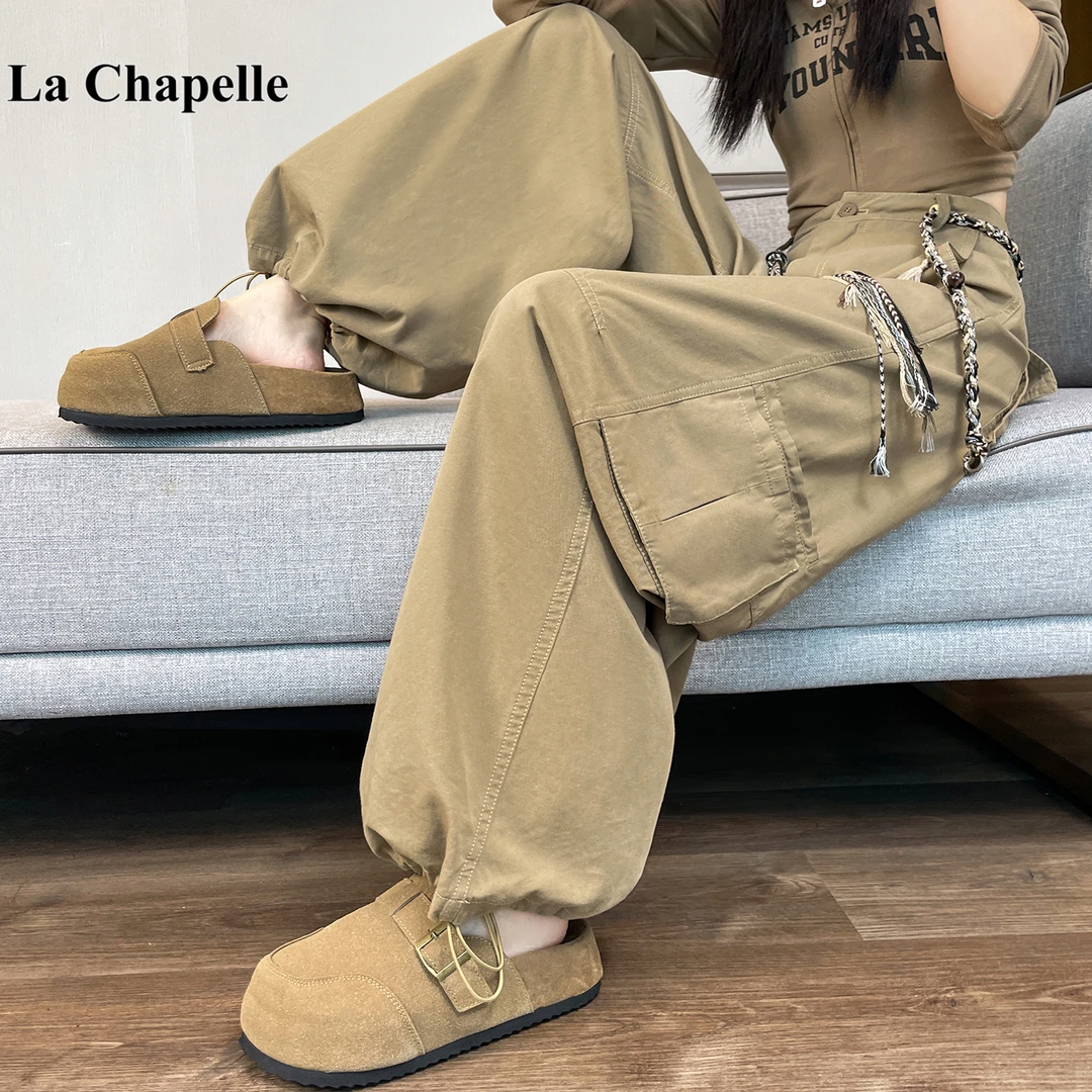 拉夏贝尔束脚阔腿两穿弯刀工装裤女秋冬高腰休闲美式运动伞兵长裤