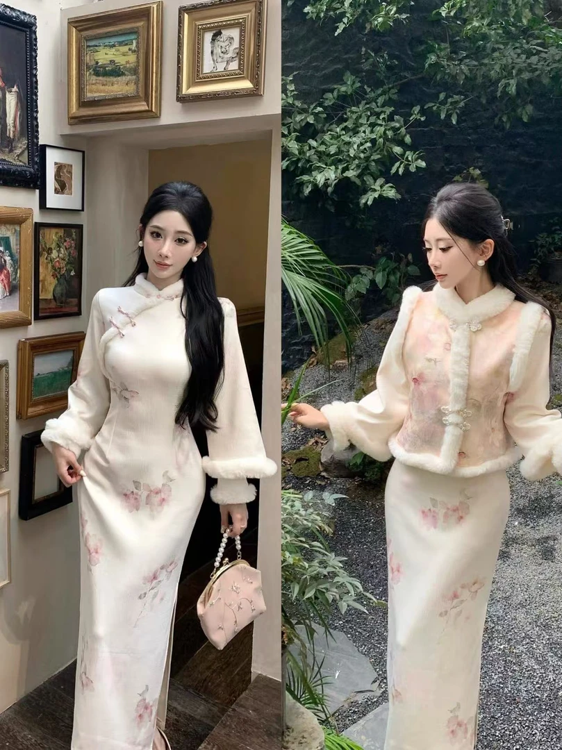 新中式温柔设计感毛领盘扣马甲旗袍连衣裙女冬季国风气质套装