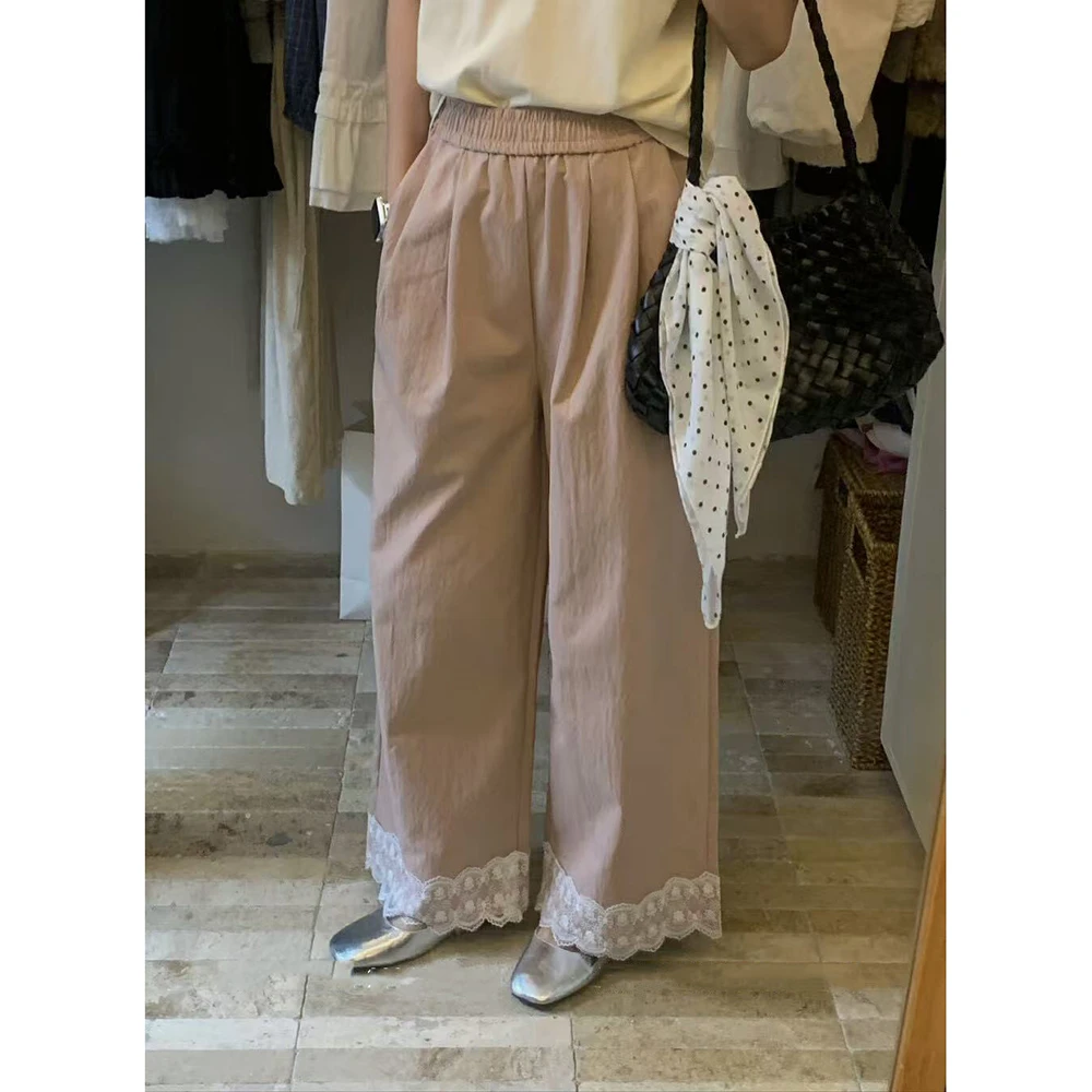 韩系蕾丝拼接松紧腰阔腿休闲裤女2025夏季新款宽松显瘦直筒九分裤