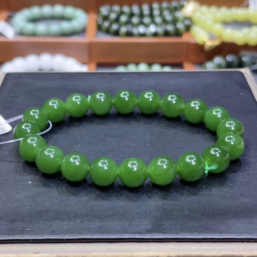 和田玉俄料碧玉帝王绿辣阳绿手串10mm