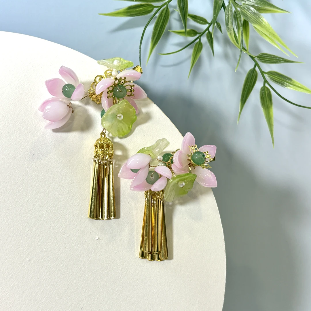 【云鬓花颜阁琉璃发夹】金翠粉荷（孤品）对夹汉服爆款古风发饰B209