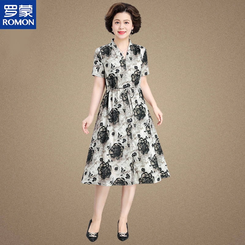 罗蒙中年妈妈夏装t恤连衣裙减龄收腰短袖裙子中老年夏季长裙子
