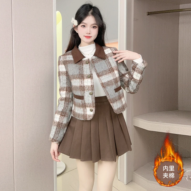 2024秋冬季新款小香风格子毛呢外套女冬加厚夹棉呢子夹克短款上衣
