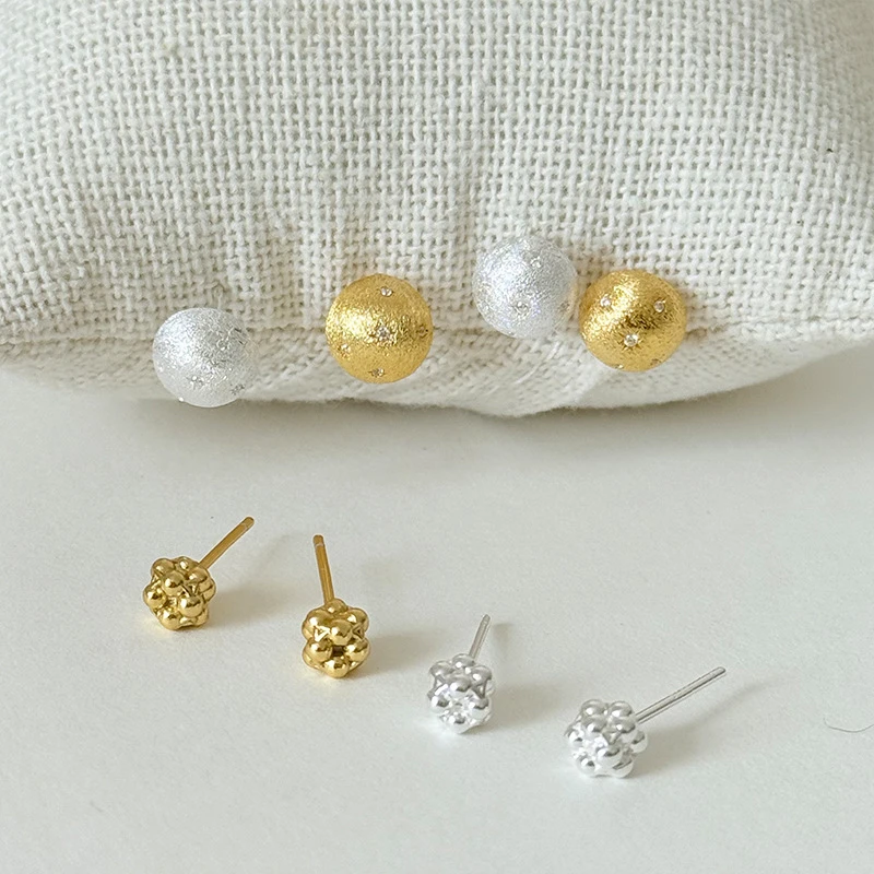 925银耳饰 925纯银轻奢镶钻拉丝圆球耳钉女简约小众设计经典款百