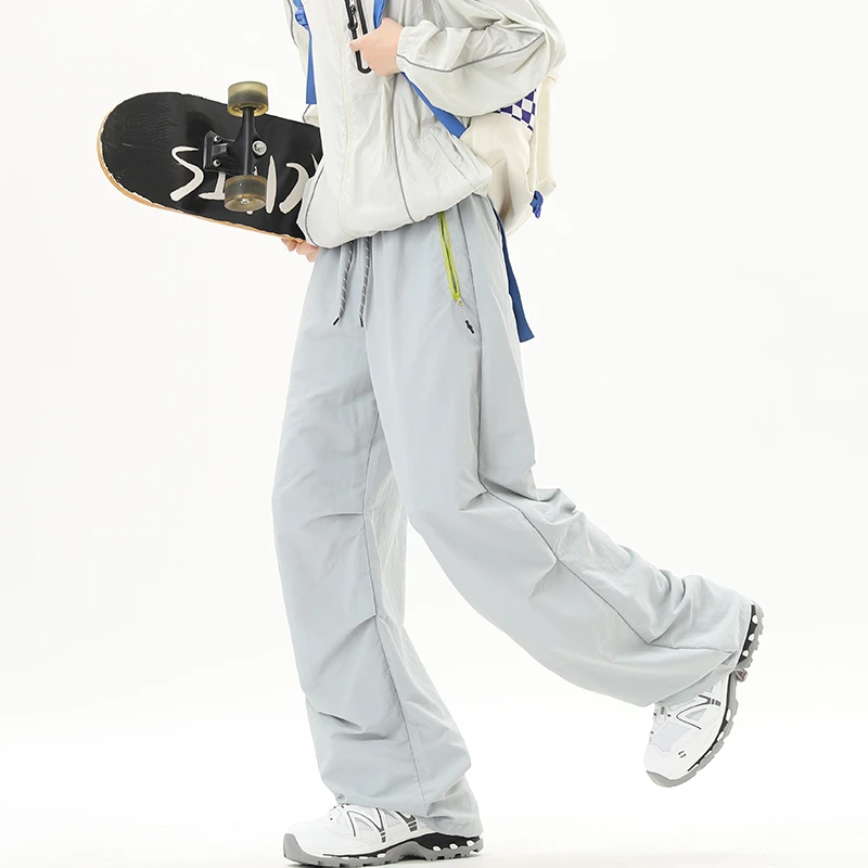 美式复古褶皱伞兵裤男女夏季新款潮牌宽松阔腿休闲机能风速干裤子