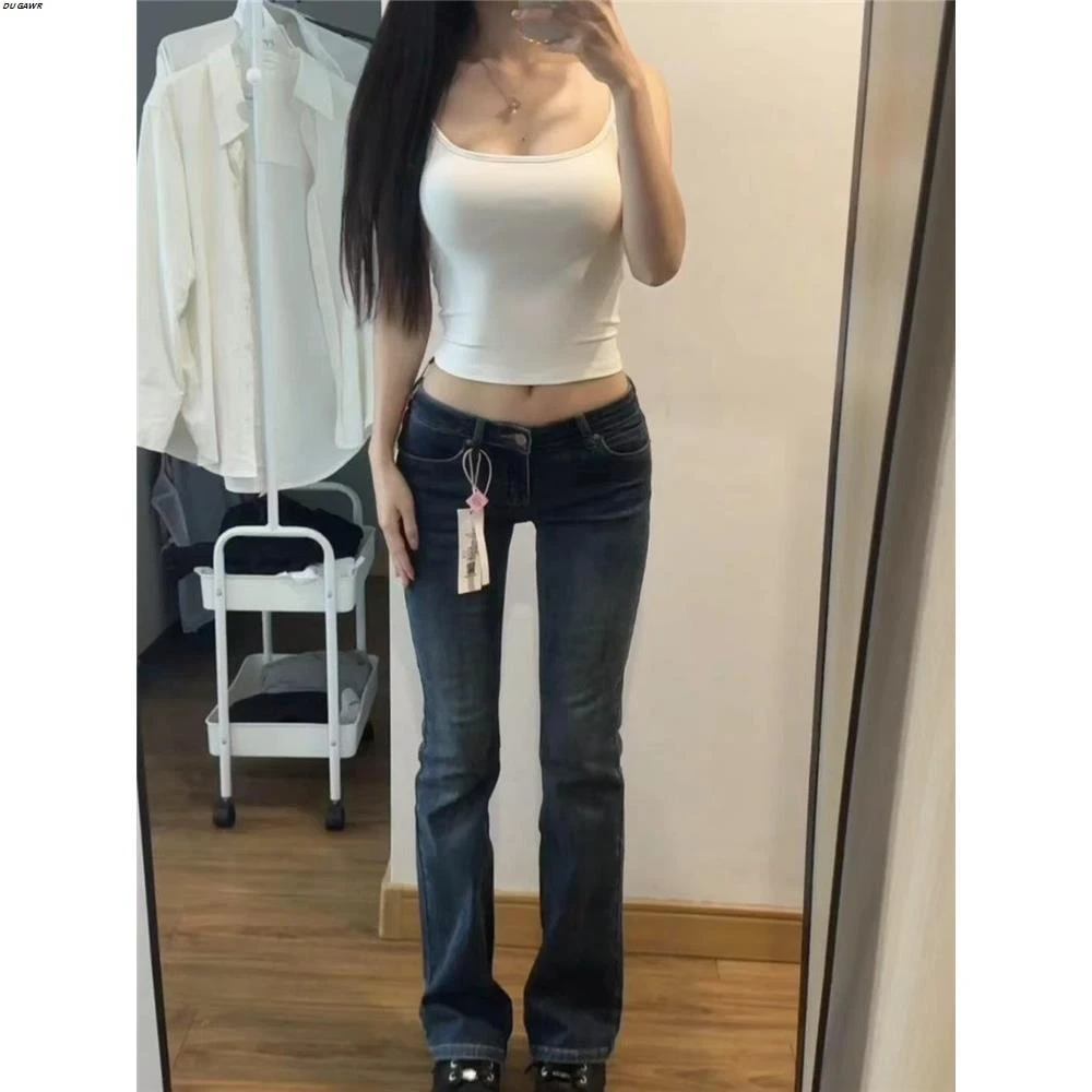 美式高街复古蓝低腰微喇牛仔裤女修身显瘦紧身高个子加长直筒裤子