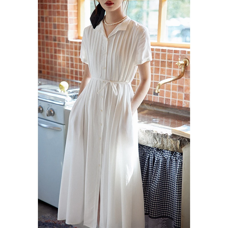 Lalaglow 全天丝法式白色气质短袖连衣裙女夏季收腰显瘦长裙