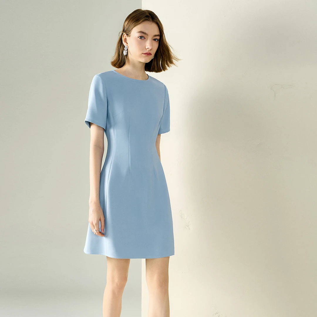 颜域高级感收腰连衣裙女蓝色轻熟风职业气质短款裙子20S251143