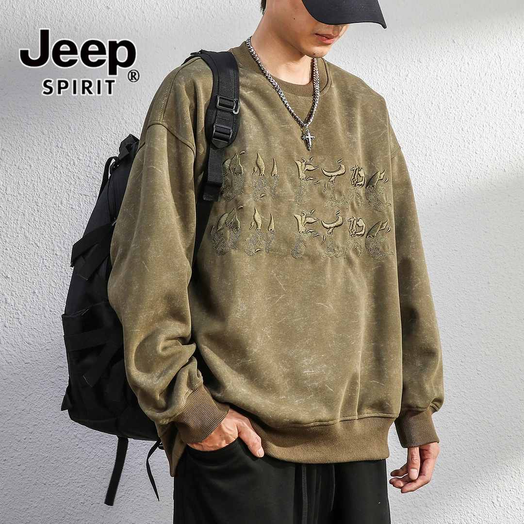 JEEPSPIRIT美式复古刺绣潮卫衣男士2025秋季新款宽松大码休闲衣服