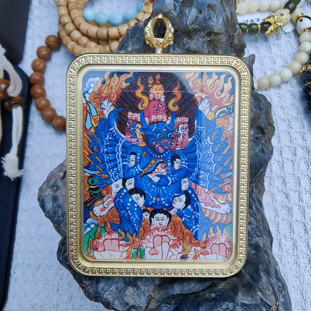 钛钢玻璃吊坠 精品纯手绘大威德金刚唐卡吊坠平安守护纯矿物藏式