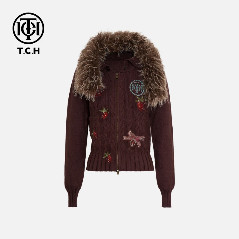 TCH私服秋季氛围感烫钻时尚淑女咖色拉链衫T75D17E1007轻奢tch