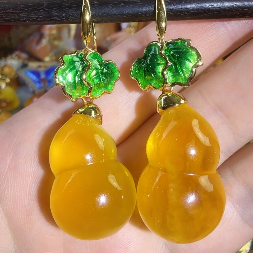 蜜蜡银S925镀金镶嵌耳环