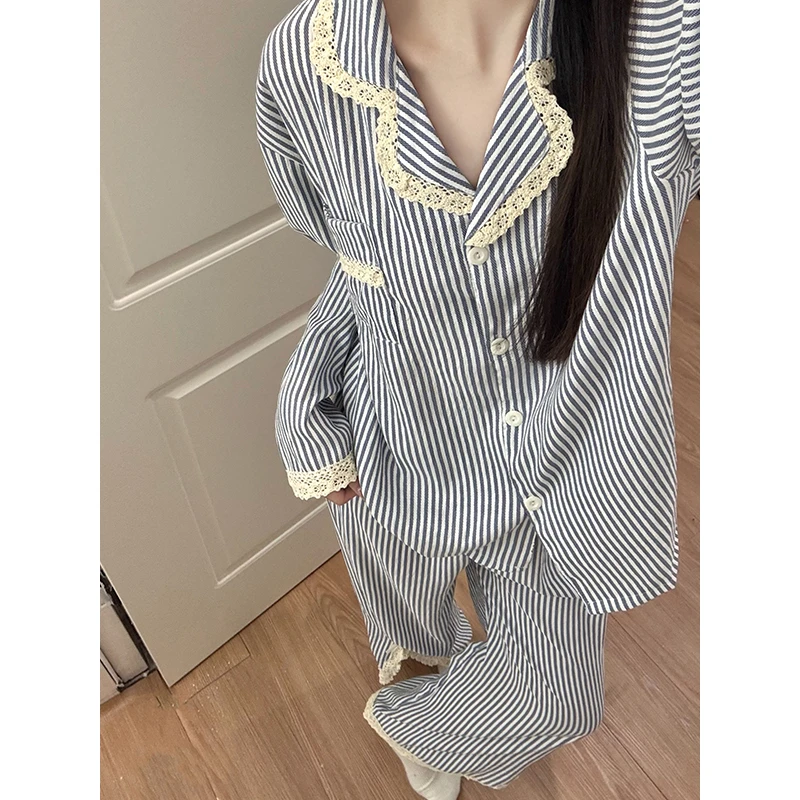 ins风条纹蕾丝边睡衣女春秋季新款云朵棉休闲长袖亲肤家居服套装