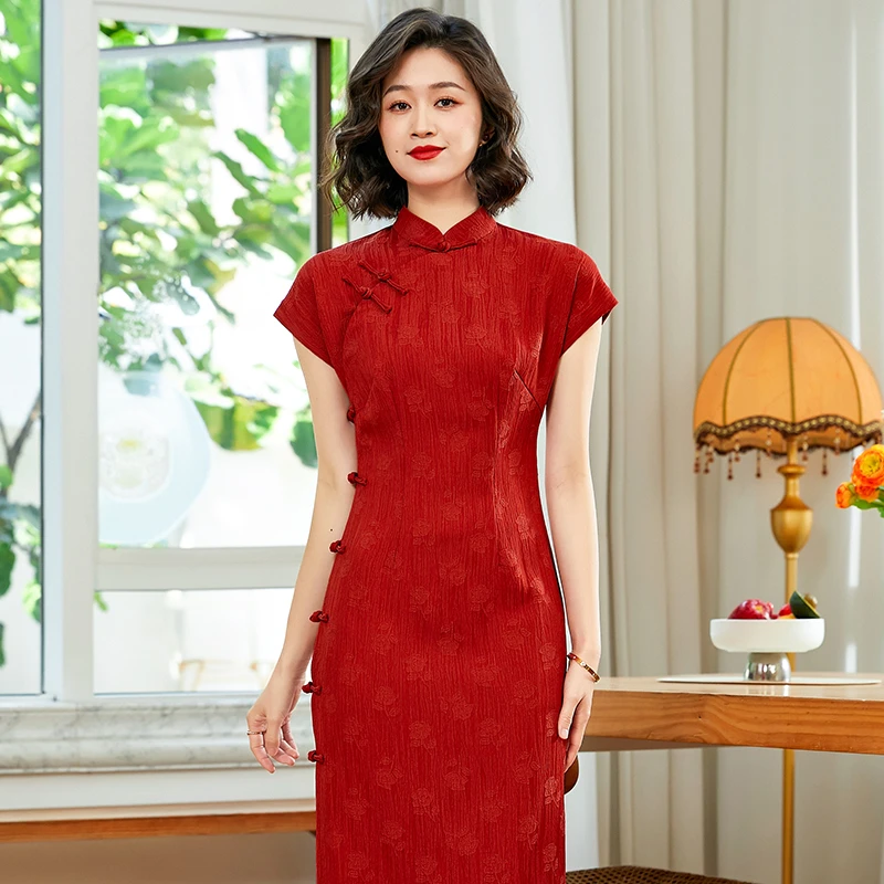 桔红色喜妈妈旗袍夏季2025年新款女复古中国风改良全开襟