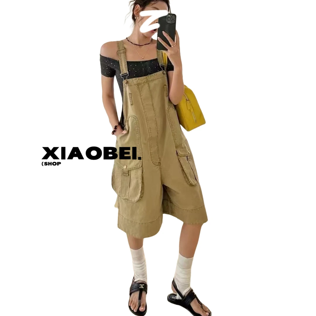 小北牛仔复古百搭直筒宽松夏季阔腿高腰连体背带裤短裤