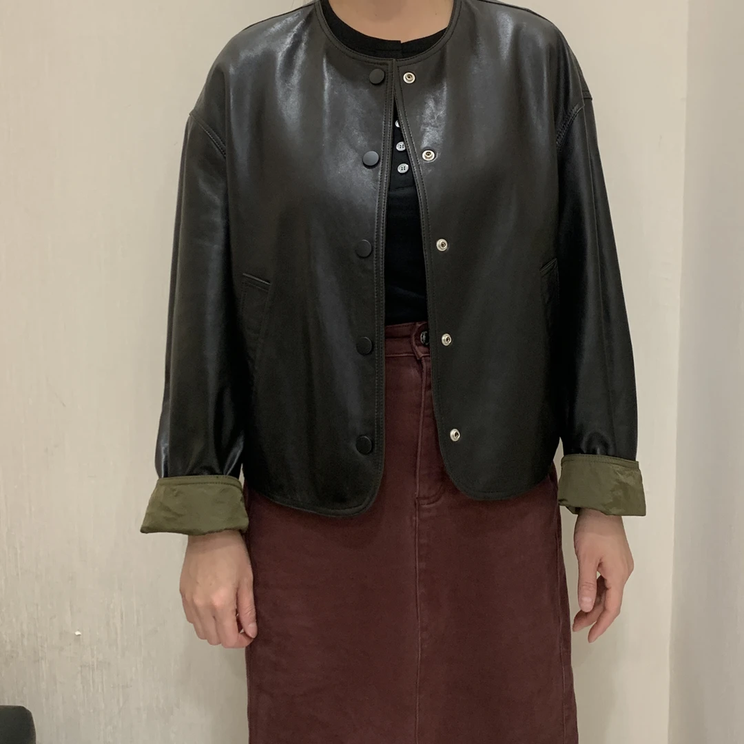 LINGZI 宽松型复古港风双面穿皮衣