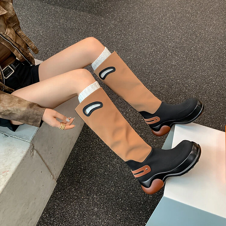 全皮888-111 6.5CM时装靴休闲松糕底拼色高筒靴