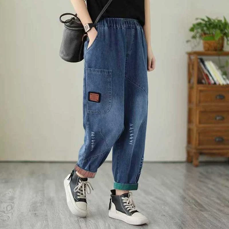 秋季哈伦裤牛仔裤春秋女高腰长裤老爹裤大码宽松休闲显瘦百搭长裤