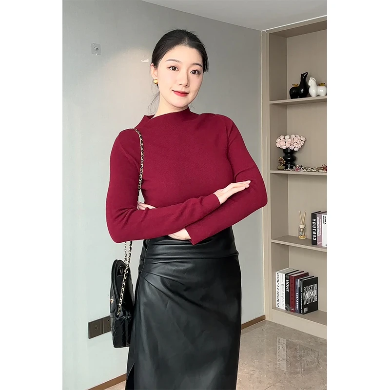 半高领裸感针织衫女冬亲肤舒适气质百搭长袖上衣修身显瘦打底衫