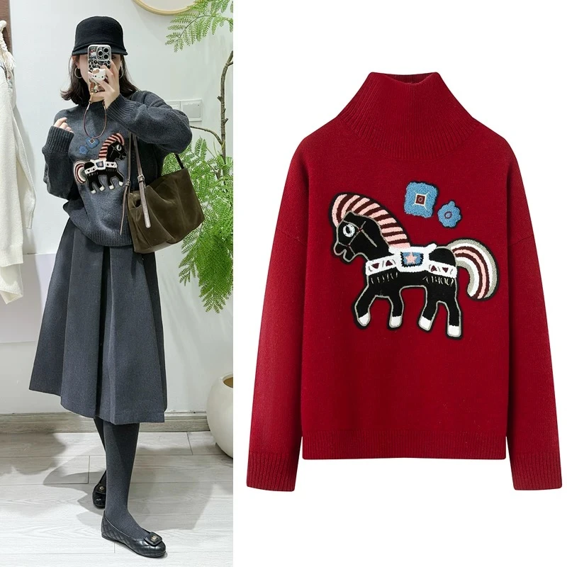 【有钱卡通】2025新年针织衫2新款马上贴布刺绣高领内搭毛衣女3131