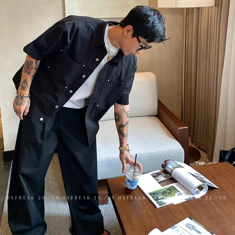 OXFREAK 「金属铆钉 切割设计」黑色工装短袖衬衫男宽松翻领衬衣