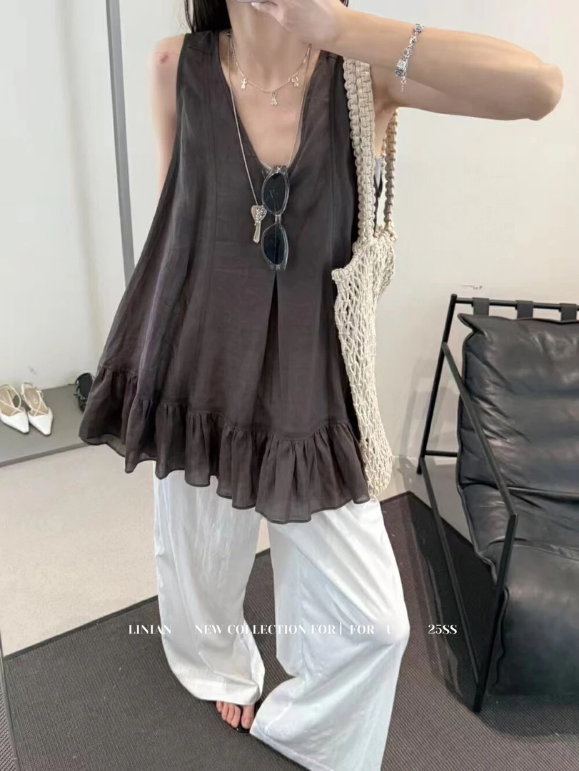 2001#麻料设计感无袖小衫