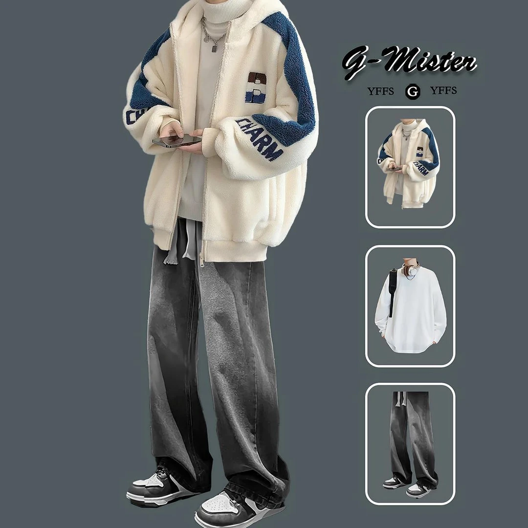 港风羊糕毛绒外套男款冬季套装加绒加厚连帽棉衣服男士帅气一整套