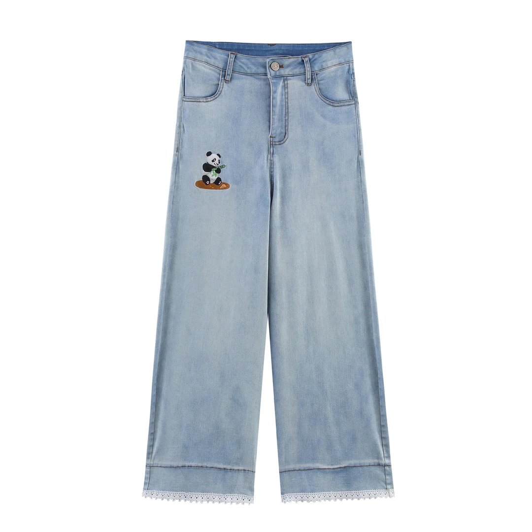 RU41新款高腰熊猫刺绣拼接蕾丝花边直筒阔腿牛仔裤