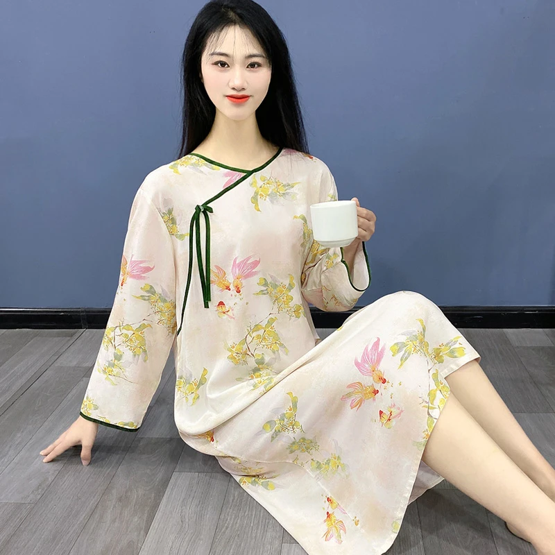 春夏新款中式风睡裙女棉绸大码夏季莱赛尔家居连衣裙可外出（Y166）