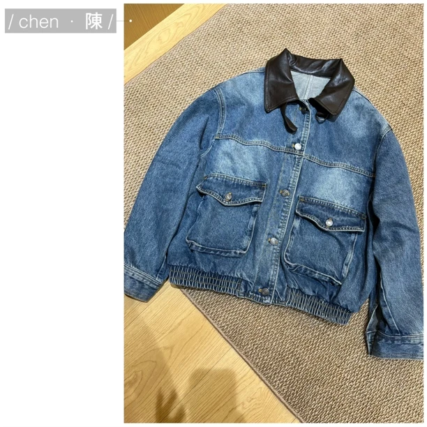 chen·陳上新 拼接皮领 大口袋牛仔外套