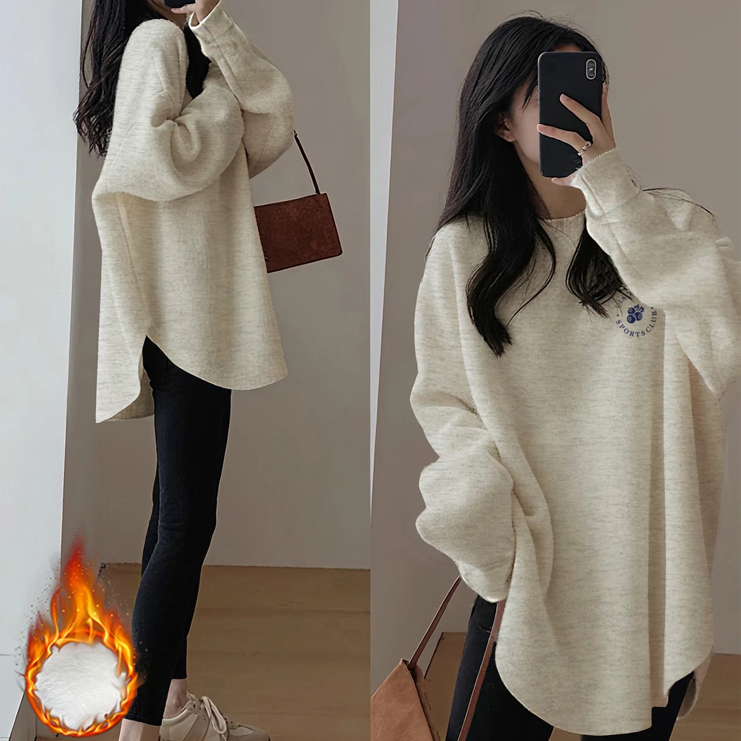 婳娇米灰色德绒长袖t恤女装宽松中长款打底衫2025年冬季厚款上衣