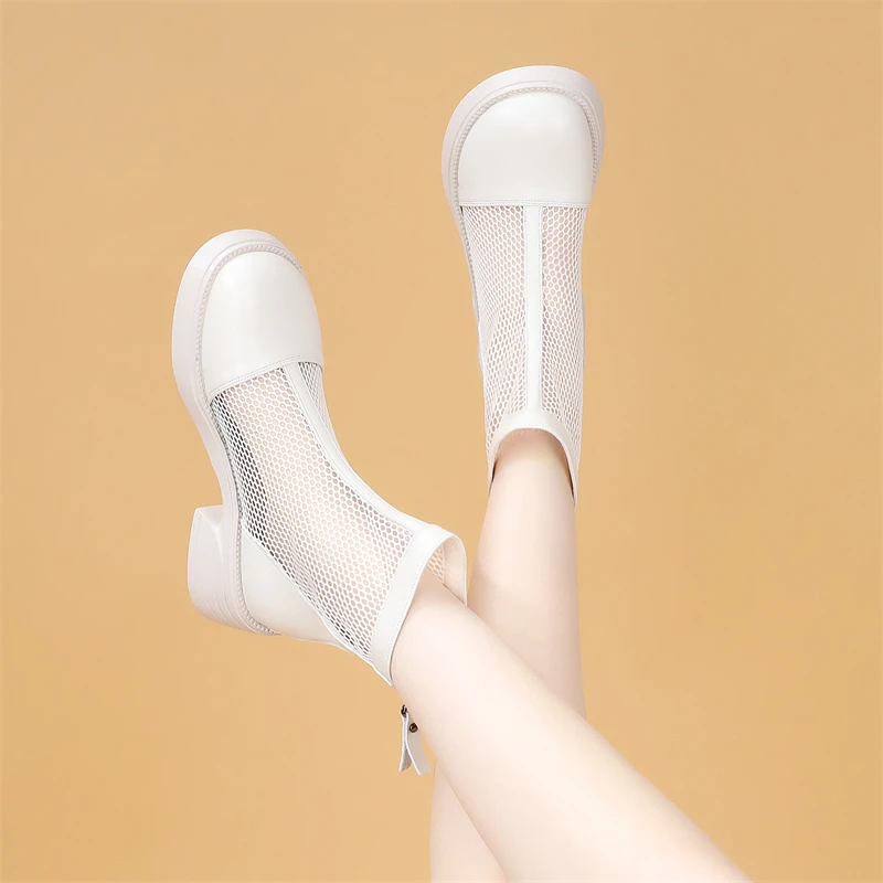 真皮网纱切尔西网纱靴女2025春夏新款平底显瘦白色配裙短靴大码41