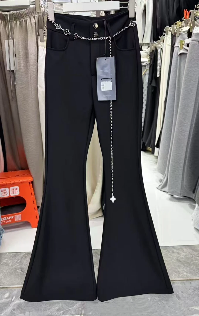 链条高腰显瘦黑色休闲喇叭拖地长裤
