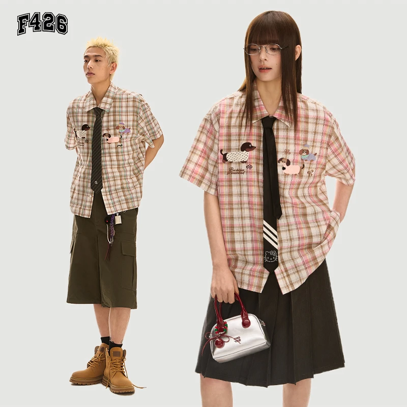 F426国潮牌宽松美式趣味小狗毛巾绣格子衬衫欧若风春夏穿搭6625