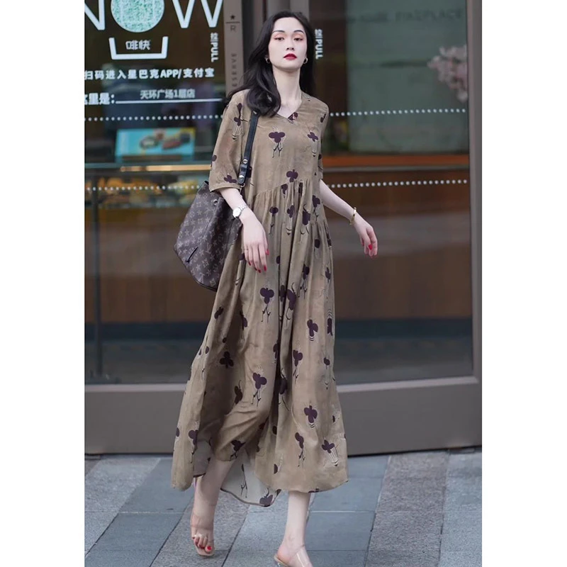 连衣裙新款气质名媛风御姐宽松复古法式碎花高端长款裙子4779