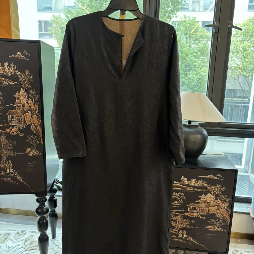 【简一】香云纱长款女装连衣裙提花气质桑蚕丝复古长裙宽松连衣裙