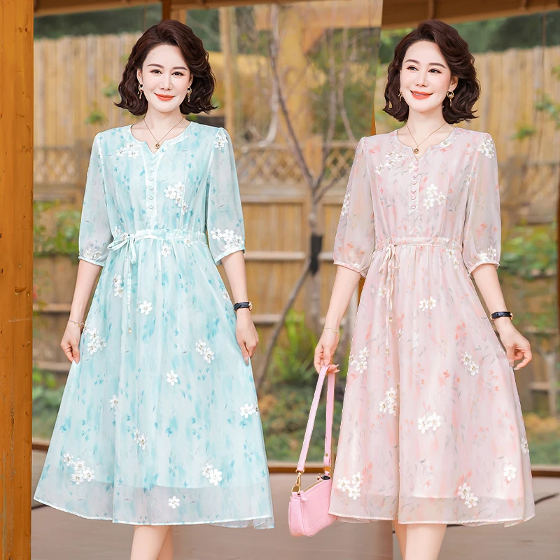 高档连衣裙时尚中长裙2025春季洋气减龄显瘦气质百搭大码妈妈女装