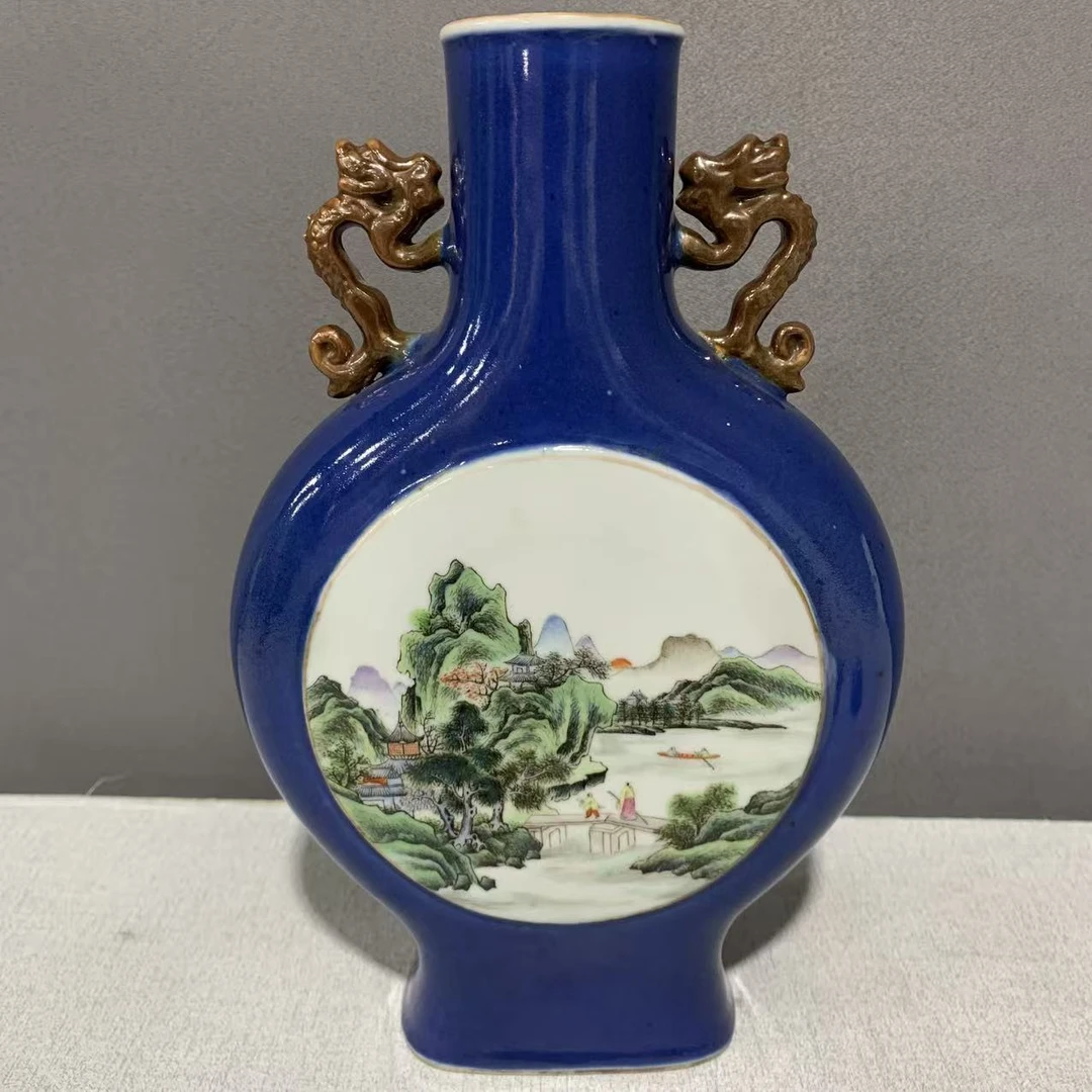 A0724135 民国 霁蓝釉开窗粉彩花鸟山水人物纹抱月瓶