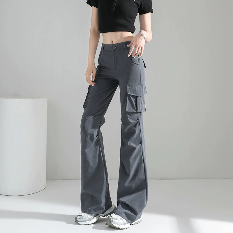 微喇叭工装裤女款秋季新款2025美式窄版小个子灰色高弹力喇叭裤子