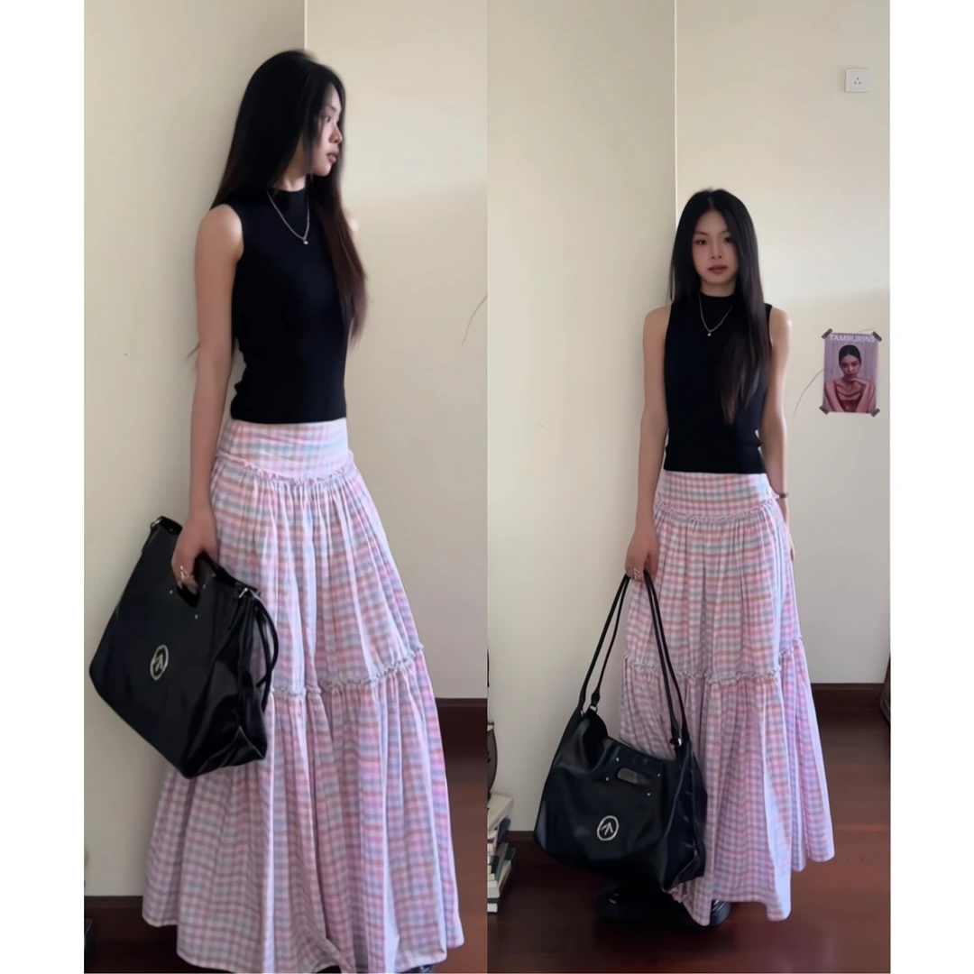 韩系无袖背心格子半身裙套装女夏季小众炸街高级感辣妹时尚两件套