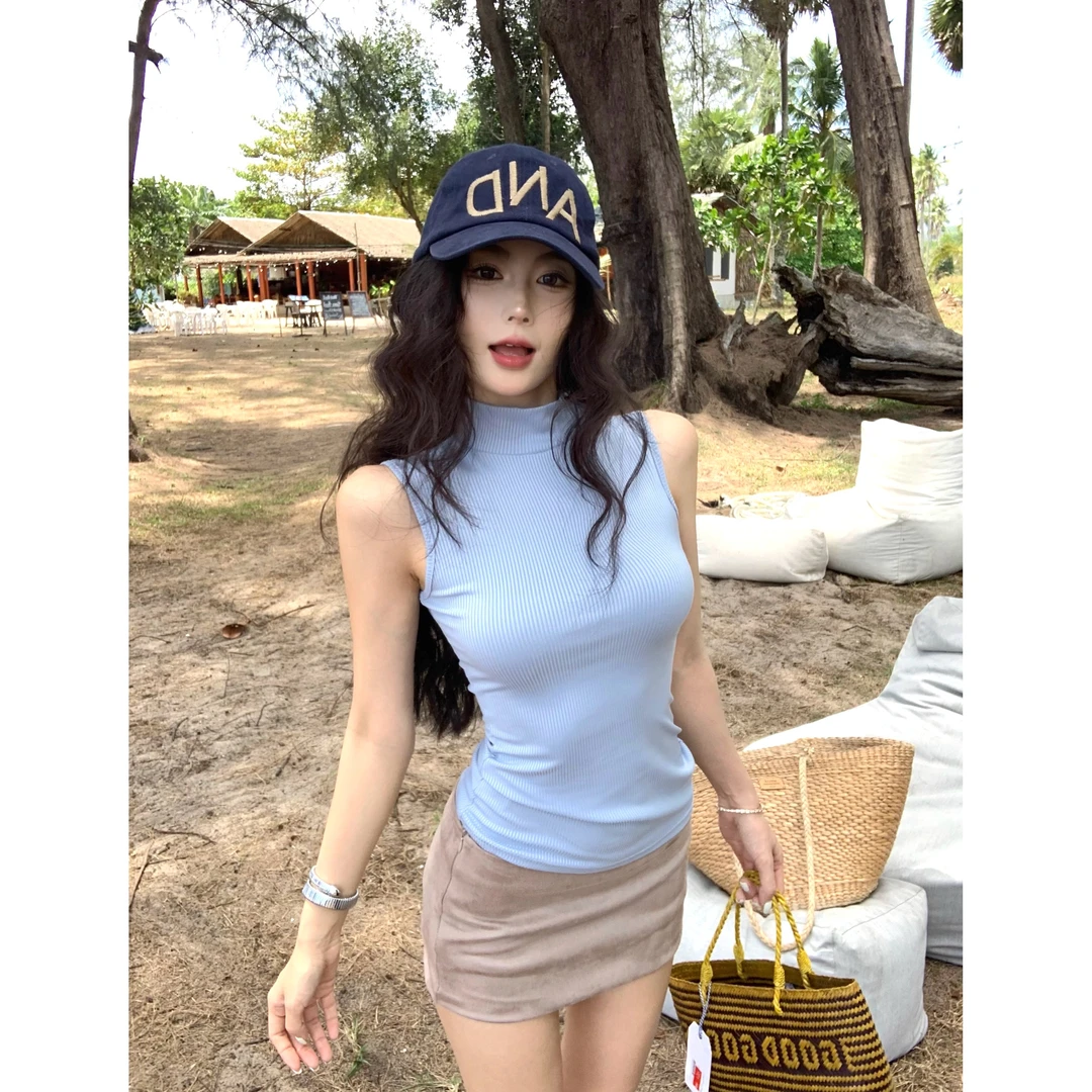 纯欲辣妹修身显瘦无袖背心T恤上衣绒面短裙包臀半身裙夏季套装