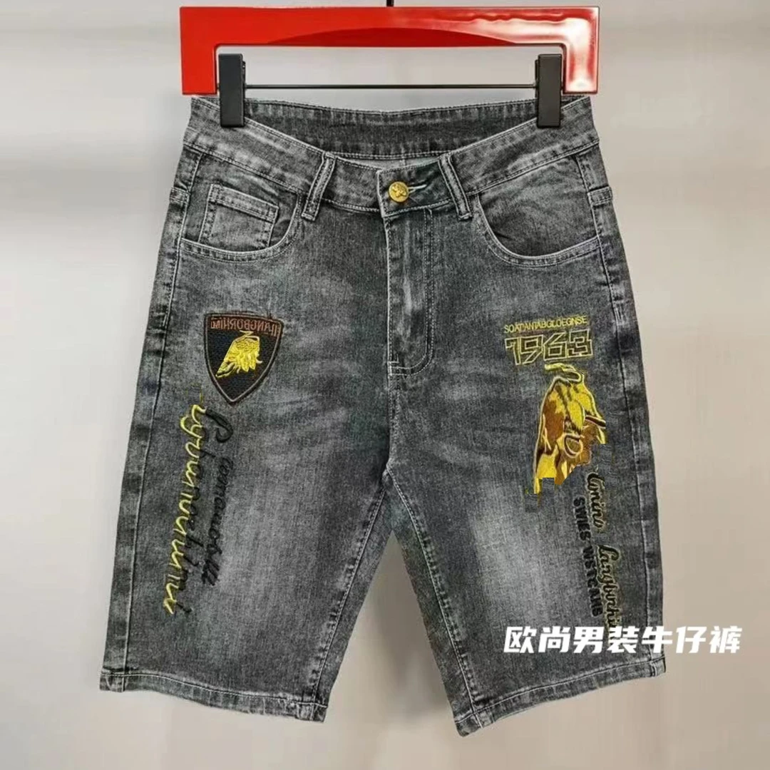 男士大金牛时尚刺绣五分裤夏季百搭弹力休闲烟灰色牛仔短裤