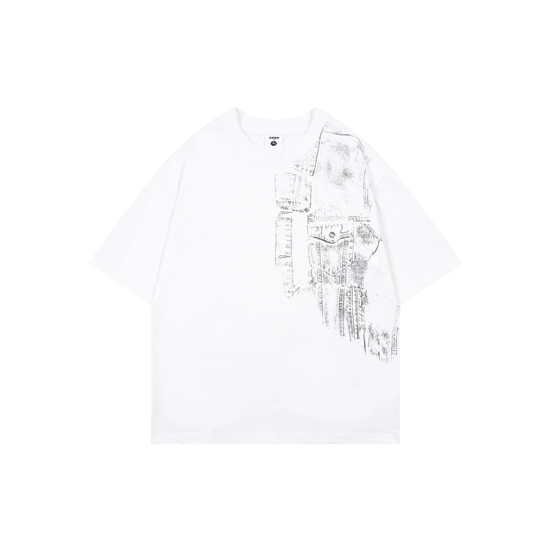 清仓款320克重磅短袖牛仔白墨直喷新款美式T恤休闲百搭潮流上衣