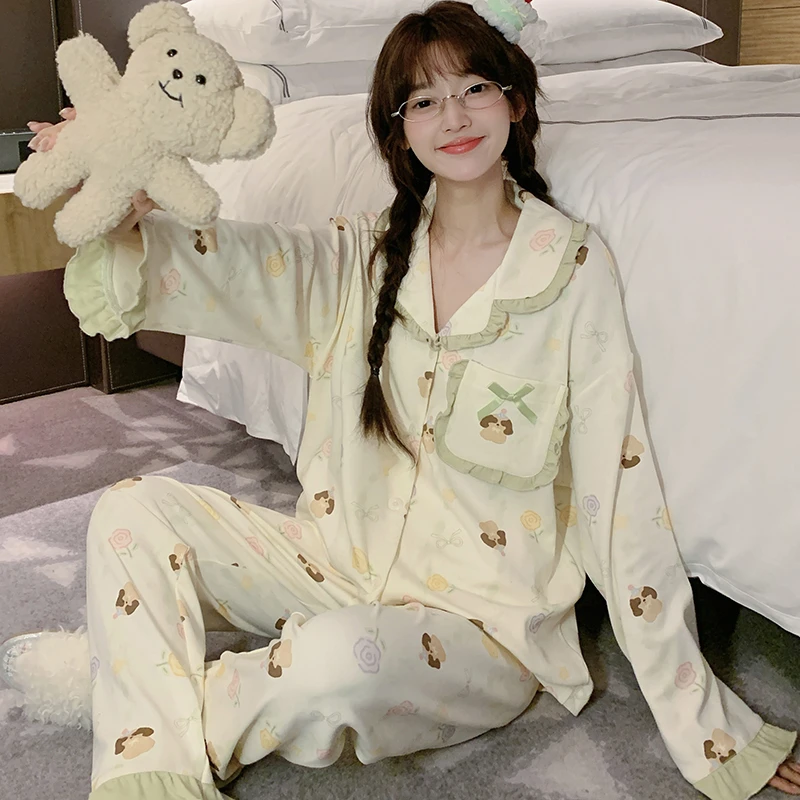 睡衣女2025新款大童春秋新款长袖开衫卡通甜美风女孩初中生家居服
