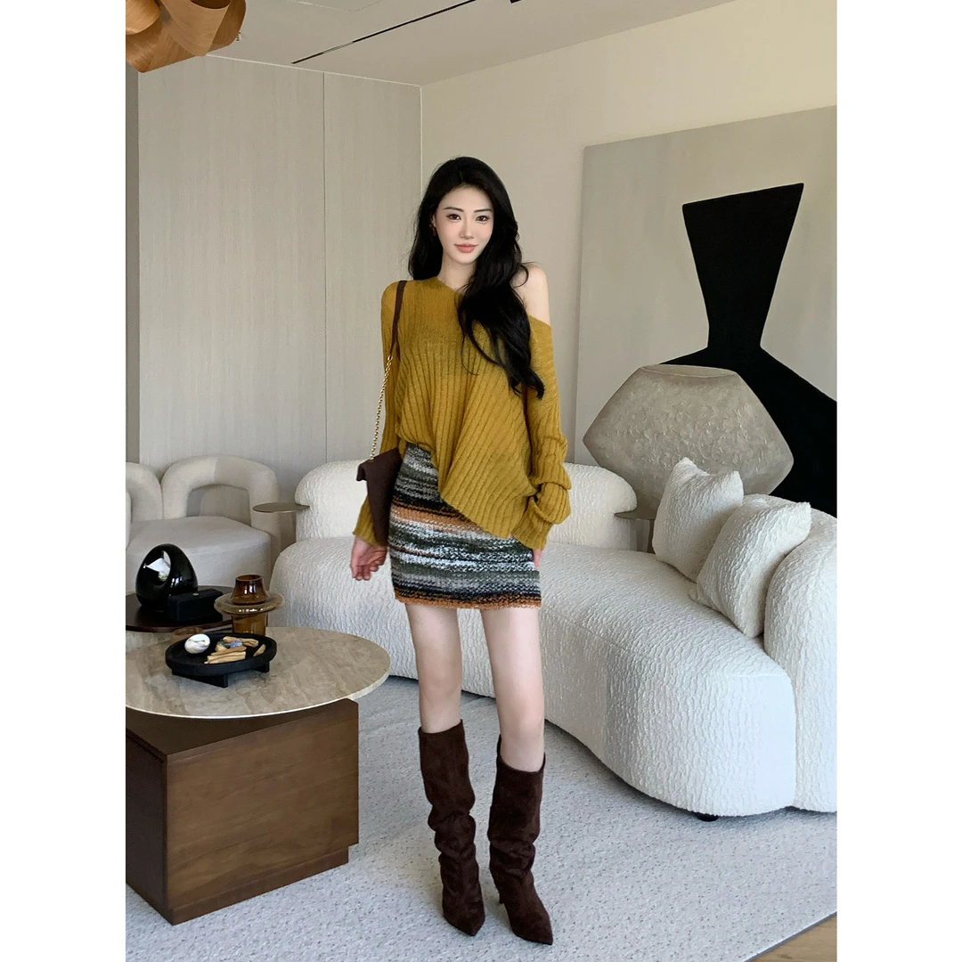 JIJINQI秋季新款毛织长袖慵懒圆领宽松针织衫上衣女 JD09SMPT1744