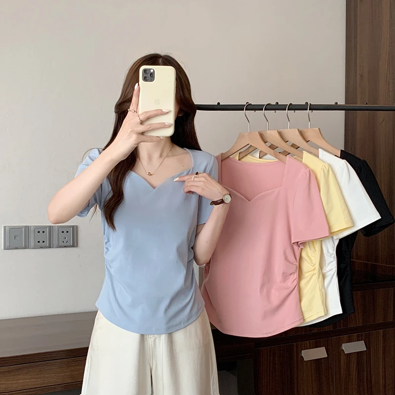 2025夏装新款胖mm大码肚子时尚别致不规则掐腰弧形短袖T恤MM显瘦