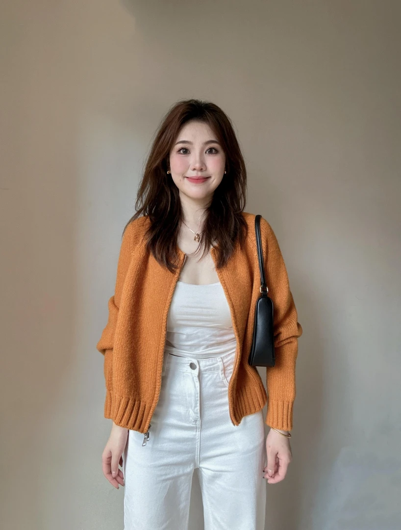 【橘光】韩系极简风气质超显白橙色开衫拉链白色吊带牛仔裤套装