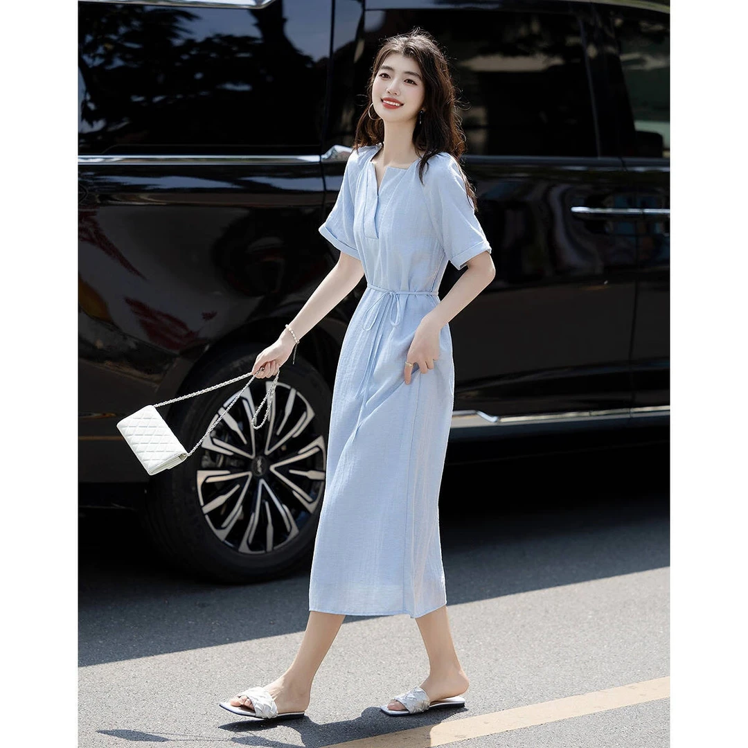 【素蓝】夏季街头风法式长裙直筒裙V领连衣裙小众通气质设计感J1003